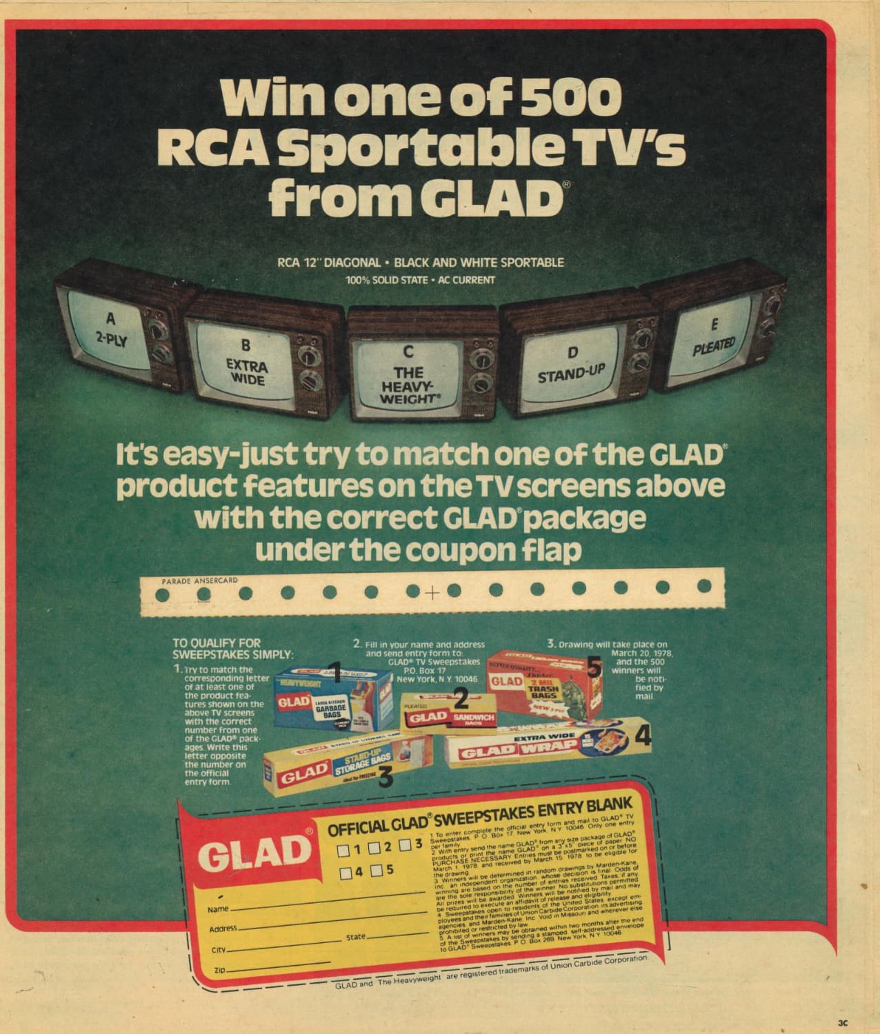 poster - Win one of 500 Rca Sportable Tv's from Glad Rca 12" Diagonal Black And White Sportable 100% Solid State Ac Current A 2Ply B C Extra The D StandUp Wide Heavy Weight E Pleated It's easyjust try to match one of the Glad product features on the Tv sc